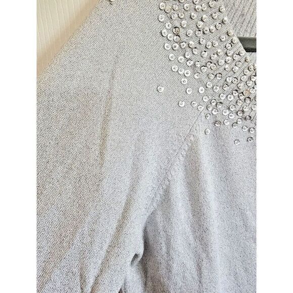 Chico's 2 Sweater Silver Pullover Lightweight Metallic Beaded Stretch Long Slv - Picture 3 of 6